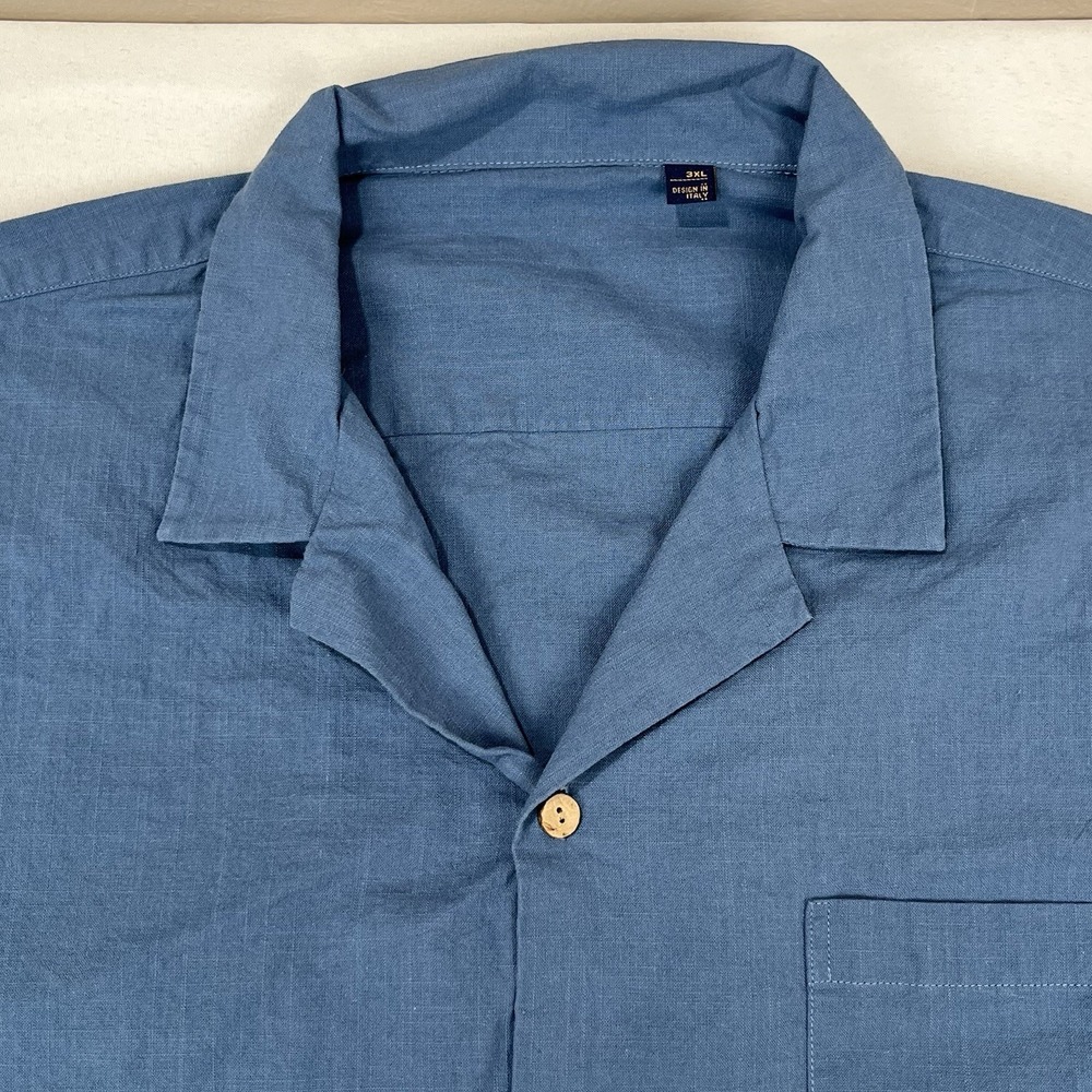 Flex‎ Button-Up Shirt Men's 3XL Short Sleeve Solid Blue Chest Pocket Italian